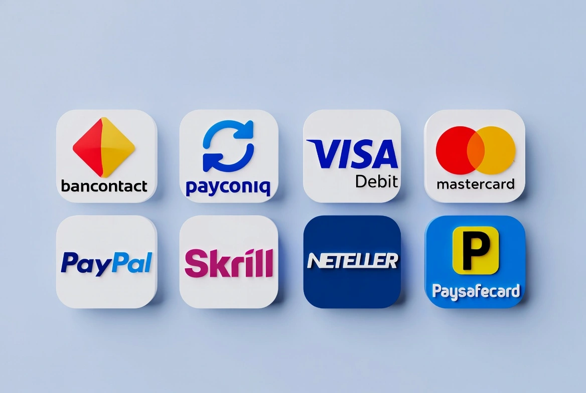 Icônes Bancontact PayPal Skrill Visa Paysafecard moyens de paiement casino