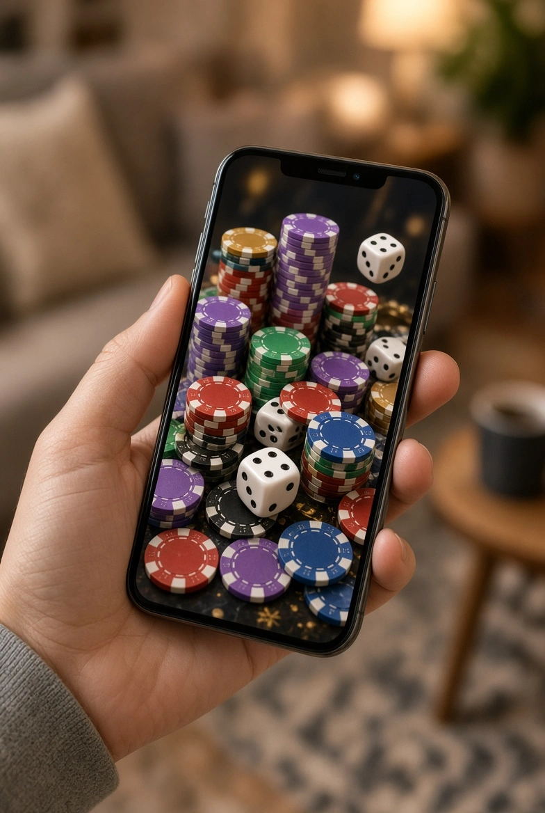 Smartphone avec jetons et dés