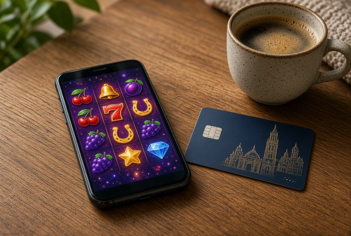 Téléphone avec slots à côté d’une carte Bancontact