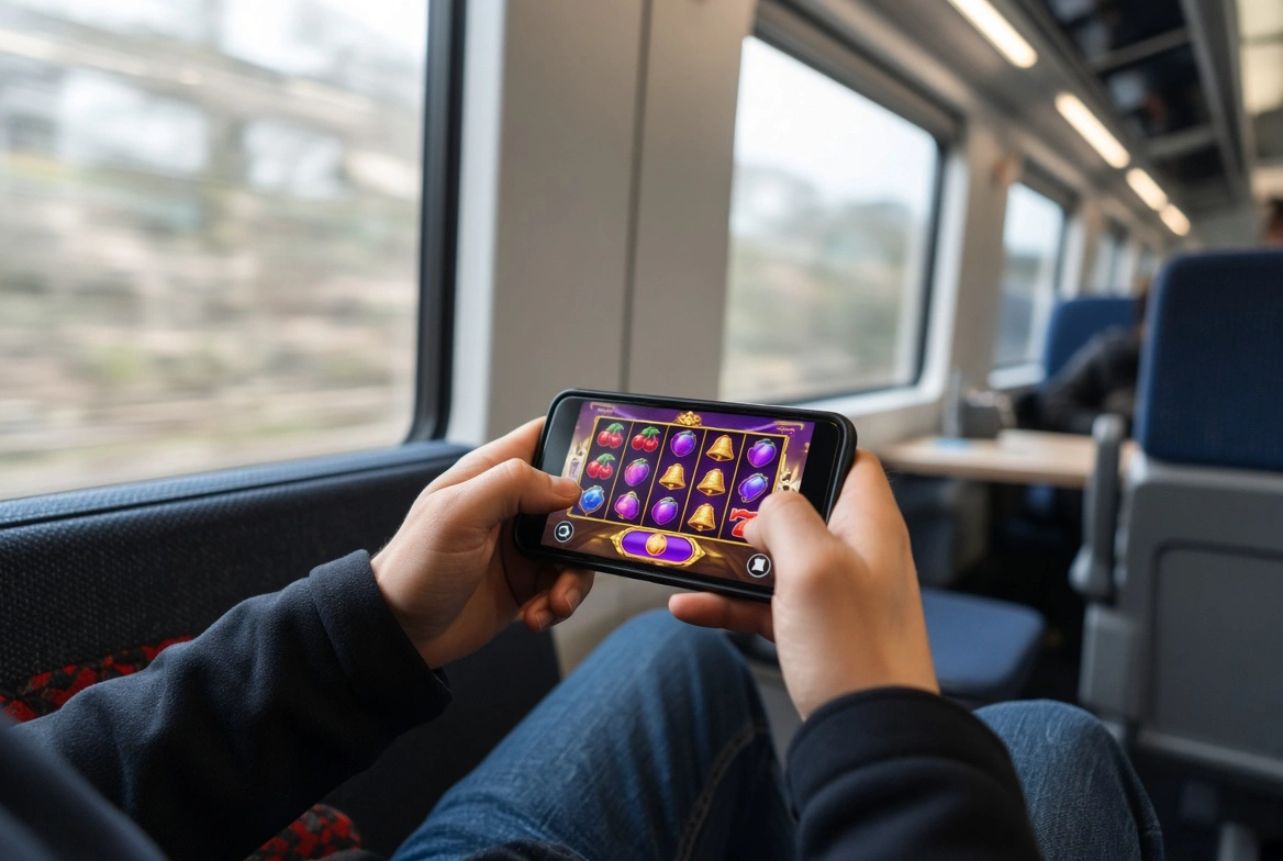 Joueur qui joue aux slots dans le train